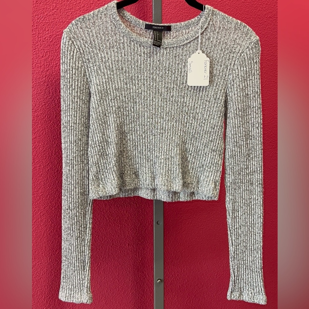 Forever 21 Gray Ribbed Long Sleeve Crop Top